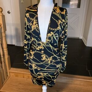 J Uptown Gold Chain Baroque Midi Dress Black Metallic Deep V-Neck Ruched Large